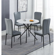 Hallowood Furniture Cullompton Small Round Dining Table and Chairs Set 4 White Marble Effect Kitchen Table with Grey Faux Leather High Back Dining Set for Home Cafe