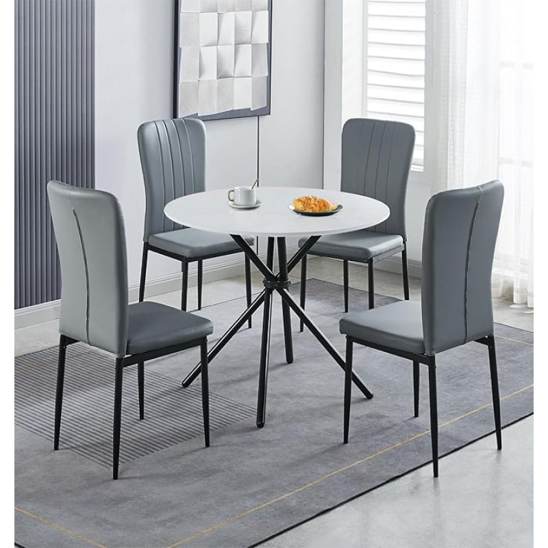 Hallowood Furniture Cullompton Small Round Dining Table and Chairs Set 4 White Marble Effect Kitchen Table with Grey Faux Leather High Back Dining Set for Home Cafe