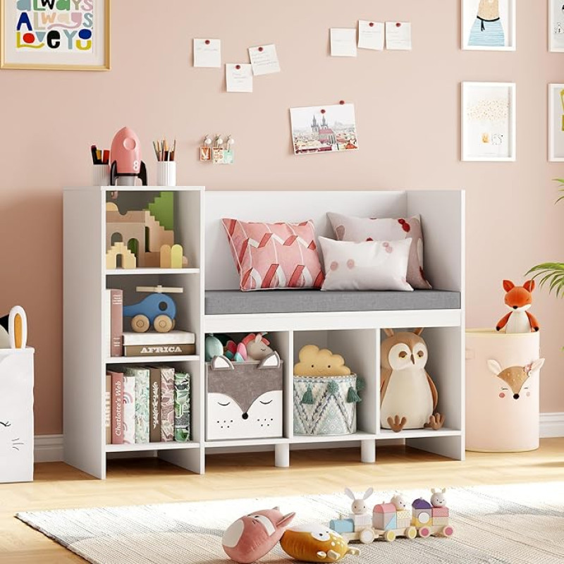 HOCSOK Children's Shelf, 110 cm Toy Shelf for Children's Room with Cushions and 6 Storage Compartments, Children's Seat, Toy Storage for Children, 80.5 x 40 x 110 cm