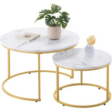 VEVOR Nesting Coffee Table Set of 2, 70.1 cm Round Coffee Table, Nesting Tables for Small Places, Vintage Side Tables, Bedside Table with Metal Frame, for Living Room, Bedroom, Office (White & Gold)