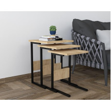 Elegant Nesting Table Set (3 Pieces) - Black & Sapphire Oak, 100% Melamine Coated, Iron Legs, Large: 40 x 55 x 40 cm, Medium: 36 x 50 x 36 cm, Small: 32 x 45 x 32 cm, Stylish & Functional for Modern