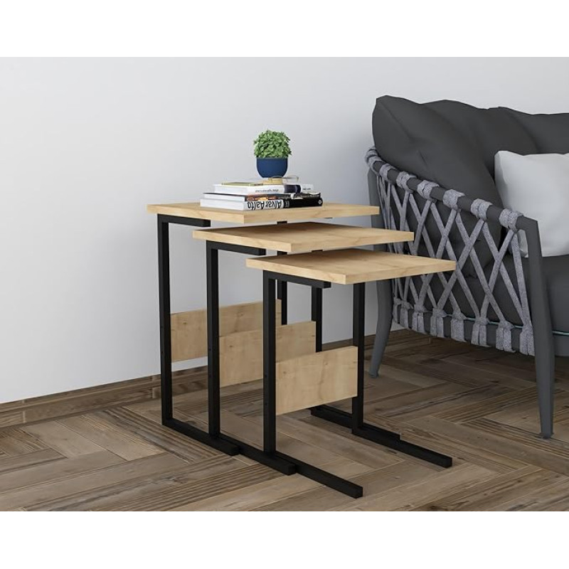 Elegant Nesting Table Set (3 Pieces) - Black & Sapphire Oak, 100% Melamine Coated, Iron Legs, Large: 40 x 55 x 40 cm, Medium: 36 x 50 x 36 cm, Small: 32 x 45 x 32 cm, Stylish & Functional for Modern