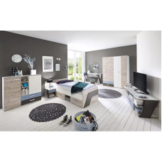 Children's Room Complete Set, Oak with White, Lava Blue, 90 x 200 cm Cabin Bed, Wardrobe, Desk, Bedside Cabinet, Chest of Drawers, Lowboard