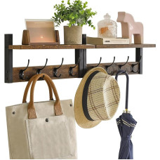 YMYNY HWS001H-2 Wall Coat Rack with Shelf, Set of 2 Wall Shelves in One Package, Coat Hooks with 8 Double Hooks, 80 cm for Hats, Clothes, Decoration in Entrance, Hallway, Kitchen, Bedroom, Brown