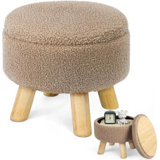 LIANTRAL Small Footstool Ottoman with Storage Space, Round Pouffe Footrest Stool with Padded Seat and Lid, Teddy Velvet Mini Ottoman Footrest for Living Room, Bedroom, Couch, Camel Brown