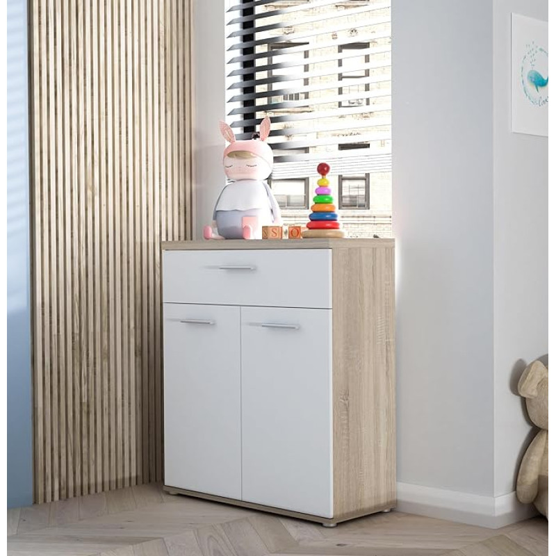 Forte Winnie Chest of Drawers with 2 Doors and 1 Drawer, Wooden, Sonoma Oak / White, 79.9 x 93 x 34.8 cm