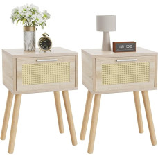 YMYNY Set of 2 Rattan Bedside Tables, Boho Bedside Cabinets with Magnetic Drawer, Solid Wood Legs, 35 x 27 x 53 cm, Sofa Table, Coffee Table for Living Room, Office, Bedroom, Natural Colours HST010N-2