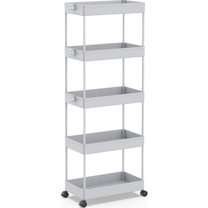 SPACEKEEPER Kitchen Trolley with 5 Levels, Rolling Trolley, Recess Shelf on Wheels, Space Saving Bathroom Shelf and Kitchen Shelf for Kitchen, Office, Bathroom, 113 x 40 x 22 cm, Grey