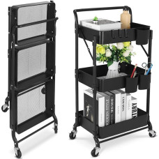 Shrivee 3-Tier Kitchen Trolley, Serving Trolley, Foldable Metal Usage Trolley, Shelf on Wheels, Shelf, Organiser, Kitchen Shelf, Foldable Utility Trolley for Kitchen, Bathroom, Office (Black)