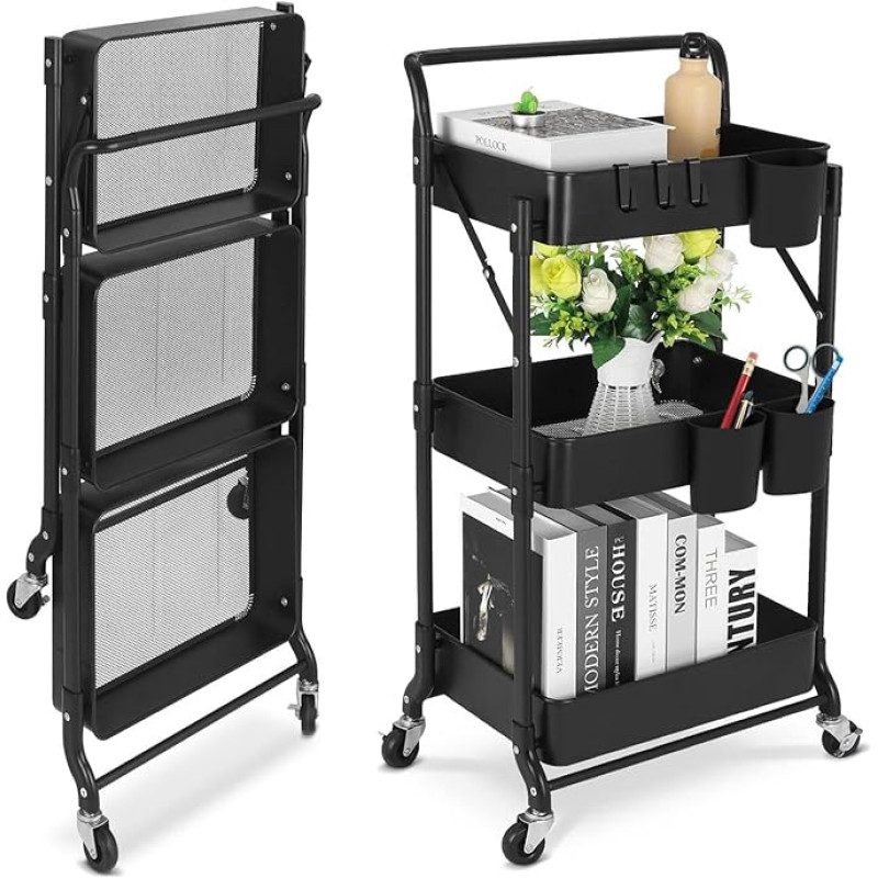 Shrivee 3-Tier Kitchen Trolley, Serving Trolley, Foldable Metal Usage Trolley, Shelf on Wheels, Shelf, Organiser, Kitchen Shelf, Foldable Utility Trolley for Kitchen, Bathroom, Office (Black)