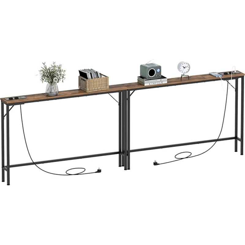VEDECASA 2 Sets 5.9 Inch Console Table with Socket and USB Connections, Narrow Hallway Table, Side Table, Entrance Table, Sofa Table, Sideboard for Entrance, Living Room, Hallway, Office, Sturdy Steel