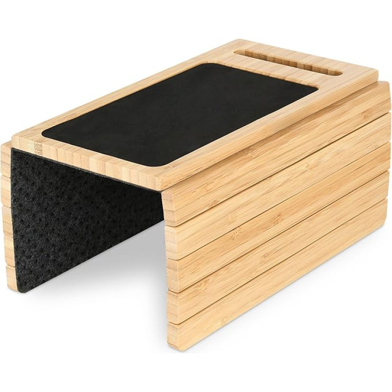 DE-COmmerce Practical Bamboo Sofa Tray 33 x 23.2 cm with Mobile Phone Holder and Non-Slip Pad, Flexible Couch Shelf for Armrest, Sustainable Sofa Tray for Drinks and Snacks