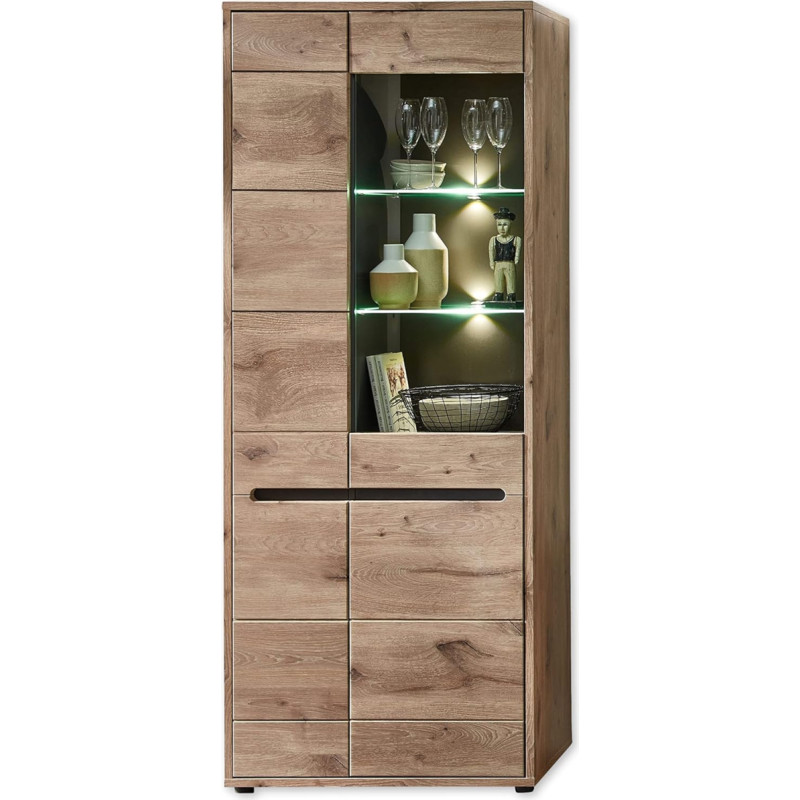 Stella Trading BELLANO Display Cabinet in Viking Oak Look, Graphite - Modern Display Cabinet with LED Lighting and Lots of Storage Space - 80 x 202 x 38 cm (W x H x D)