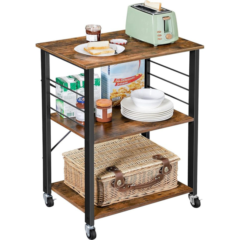 VASAGLE KKS60XV1 Kitchen Rack on Wheels Serving Trolley 3 Tier Kitchen Trolley Mini Oven Microwave Metal Frame 6 Hooks 40 x 60 x 89 cm Vintage Brown Ink Black
