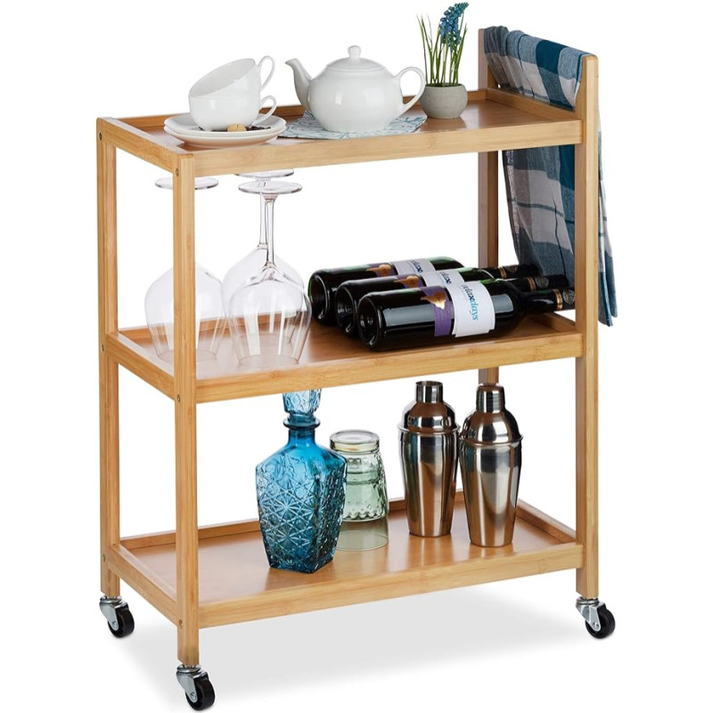 Relaxdays Bamboo Serving Trolley 3 Shelves Natural Look 360° Rotating Wheels Trolley H x W x D 76 x 58 x 30 cm Natural
