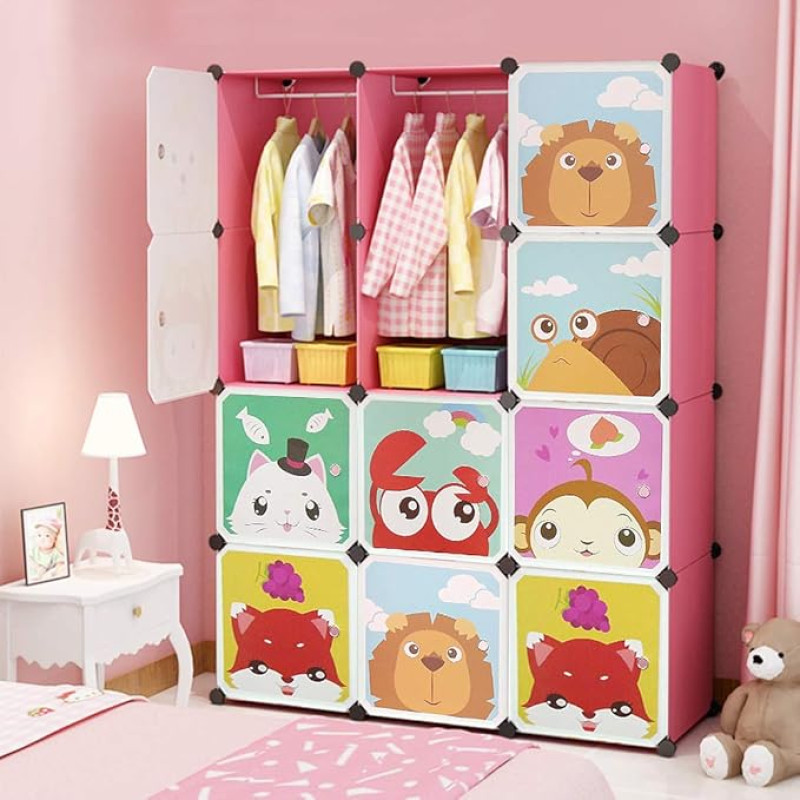 HUOLE Colourful Shelving Unit for Children's Room, Animal Motifs, Plastic Plug-In System with Doors, Wardrobe with Clothes Rail, Standard (111 x 37 x 147 cm (Pink))