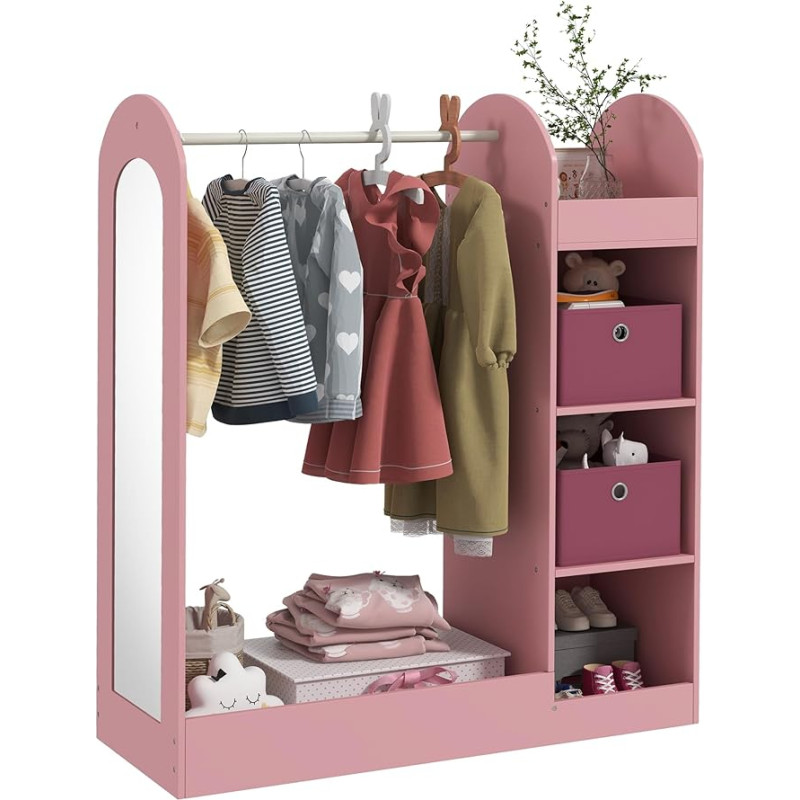 AIYAPLAY Clothes Rail for Kids, Clothes Rail with Storage Shelf, Boxes, Mirror, Children's Closet for Bedroom, Children's Room, Pink