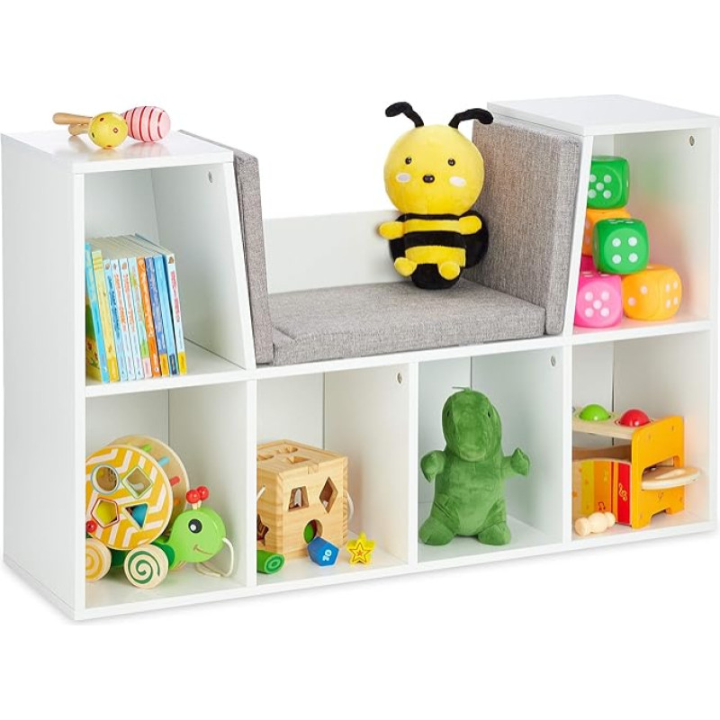 Relaxdays Bookcase with Seat Cushion, Children's Shelf with 6 Compartments, 63 x 103 x 30 cm, Padded, Children's Bench, White