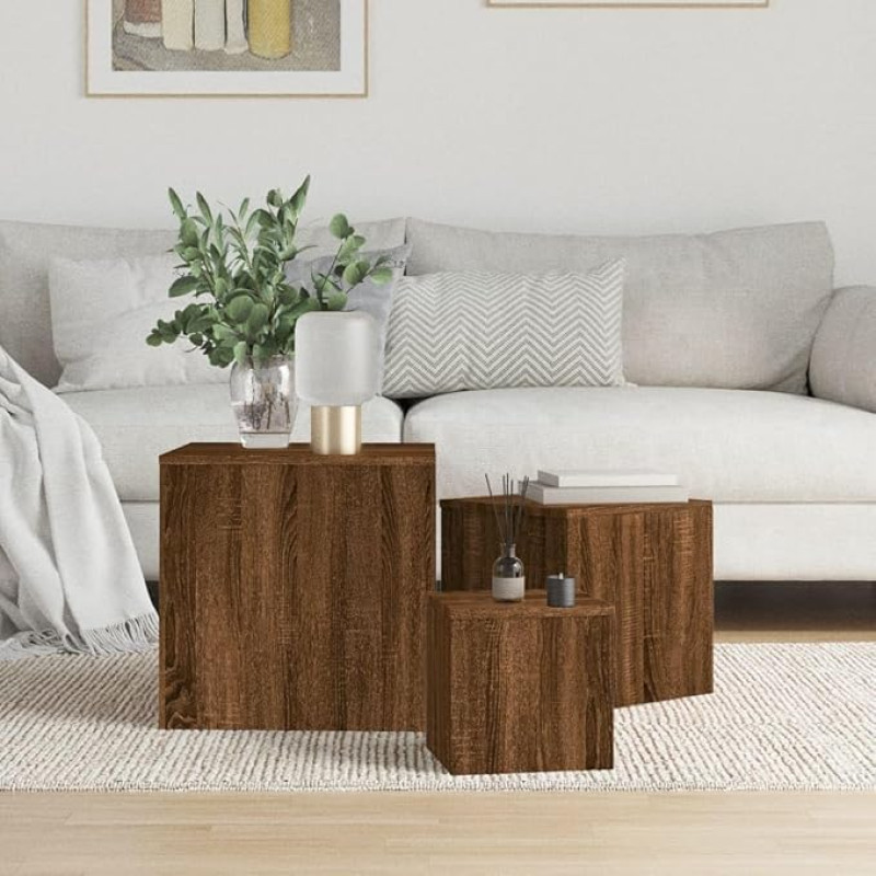 Beistelltische Set of 3 Brown Oak Finish Side Tables for Living Room & Bedroom, Multifunctional Nesting Tables with Durable Wooden Material, Easy to Clean & Assemble, 45x45x45cm 35x35x35cm 24x24x24cm