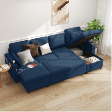 DURASPACE Sofa Bed, U Shape Sofa Bed with Sleep Function and Ride-on Box, Corner Couch with USB, Drink Holder for Living Room and Bedroom (Dark Blue)