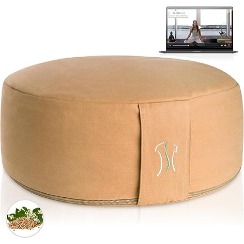 BACKLAXX ® Yoga Cushion, Meditation Cushion, XL, Diameter 35 cm [30% More Seat], 15 cm High with Buckwheat Filling, Perfect Meditation Accessories, Round Yoga Cushion with Video Course - Pouf Seat