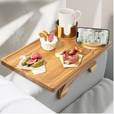 3 in 1 Wooden Sofa Arm Tray - Large Clip-On Couch Tray with 360° Rotating Phone & Drink Holder, Foldable & Non-Slip for Snacks, Remote Control, Food & Drinks