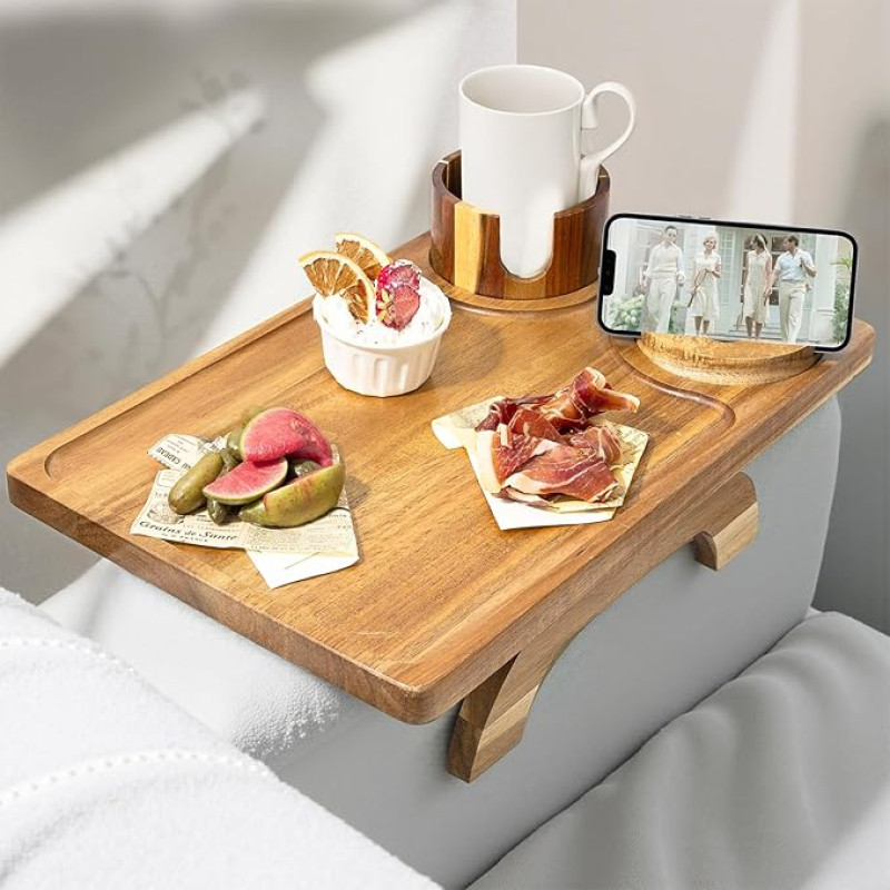 3 in 1 Wooden Sofa Arm Tray - Large Clip-On Couch Tray with 360° Rotating Phone & Drink Holder, Foldable & Non-Slip for Snacks, Remote Control, Food & Drinks