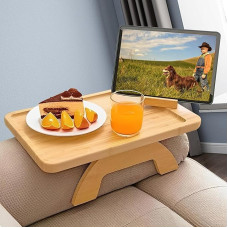SHUESS Sofa Tray with Rotating Mobile Phone Holder, Wooden Bamboo Couch Tray Armrest Bamboo Couch Arm Table for Wide Couches Arm, for Armrest for Snacks Remote Control Mobile Phone Drinks Cup