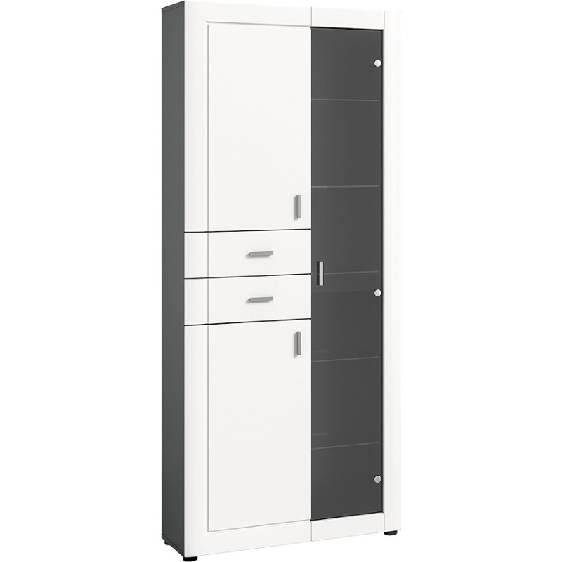 xonox.home Wohnen Lago X2TA2T14 Glass Cabinet in Front White Matt Deep Drawn Body Grey Melamine Approx. 80 x 194 x 34 cm