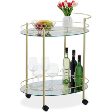 Relaxdays Serving Trolley, Kitchen Trolley with 2 Levels and Bottle Holder, H x W x D: 79 x 45 x 65.5 cm, Metal and Glass, Brass
