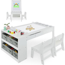 FANTASK 3-in-1 Children's Table, Wooden Table with 2 Chairs, White Easel with Removable Table Top with 5 Colour Cups, 6 Fabric Containers, Children's Furniture Set with Waterproof Table Top
