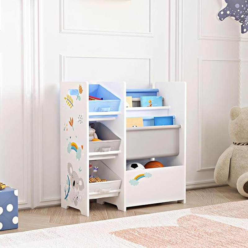 [en.casa] Vimianzo Children's Bookcase with 4 Shelves Book Box 3 Folding Boxes Toy Shelf Koala Motif White Grey Blue Nursery Organiser Storage Compartment