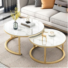 Marble Coffee Table Set with Glass Top and Gold Metal Legs Multifunctional Round Nesting Tables for Living Room Furniture
