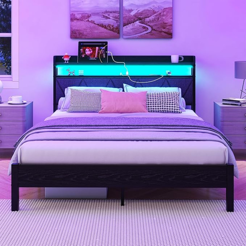 VERFARM Upholstered Bed Frame 140 x 200 cm, Double Bed Frame with LED and Charging Station, Bed Frame with Storage Space, Youth Bed, Guest Bed with Headboard, Perfect for Bedroom, Guest Room, Dark