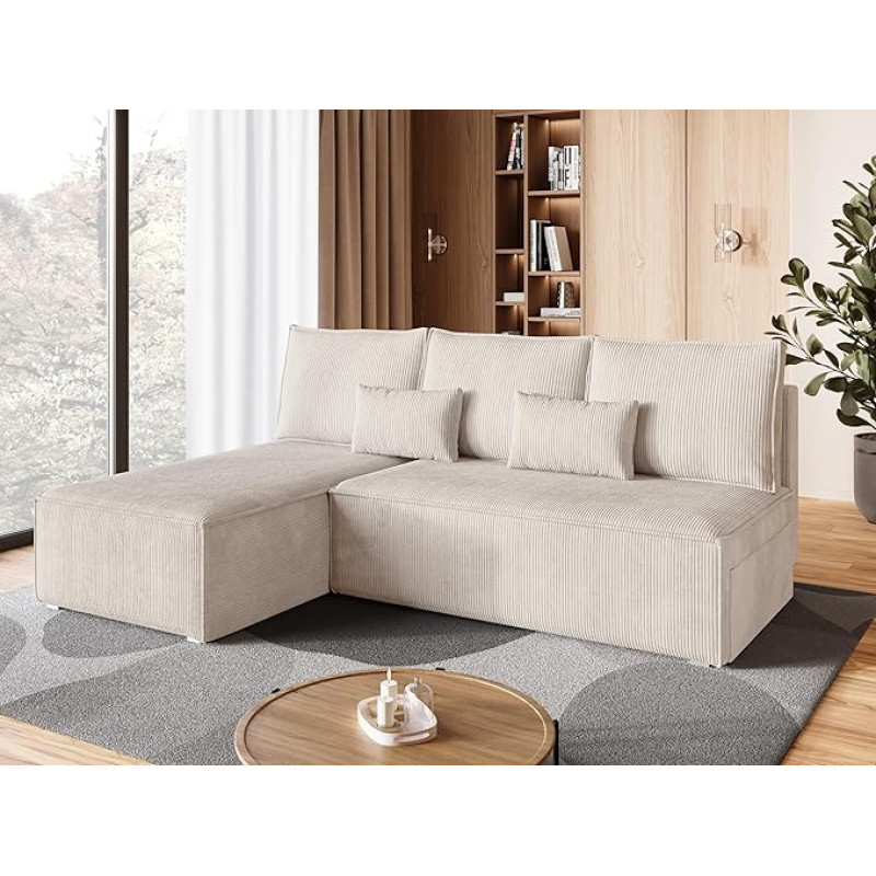 BROMARKT Corner Sofa with Sleep Function Sofa L Shape Couch with Bed Box Living Room Furniture Cord Sofa Bed Living Landscape Sofa 3-Seater Top 200 x 85 x 145 cm Vanilla