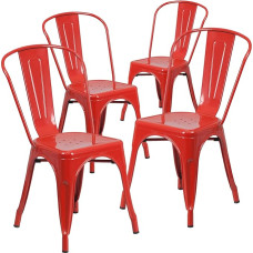 Flash Furniture Set of 4 Stackable Commercial Grade Metal Indoor Outdoor Plastic Rubber Chair Red