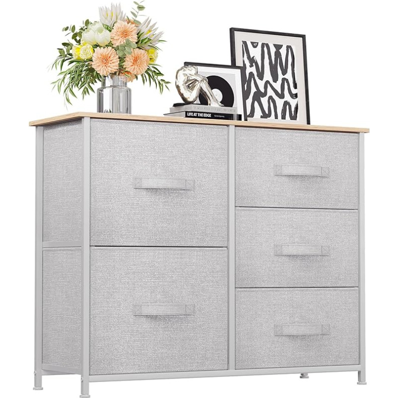 YITAHOME Chest of Drawers with 5 Drawers, Cupboard, Fabric Drawers with Handles, Metal Frame, for Living Room, Hallway, Bedroom, Durable, Light Grey