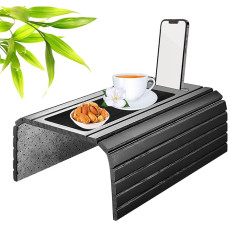 URCheers Sofa Armrest Shelf, Non-Slip Bamboo Drink Holder in Black - Couch Tray Flexible with Pad for Armrests