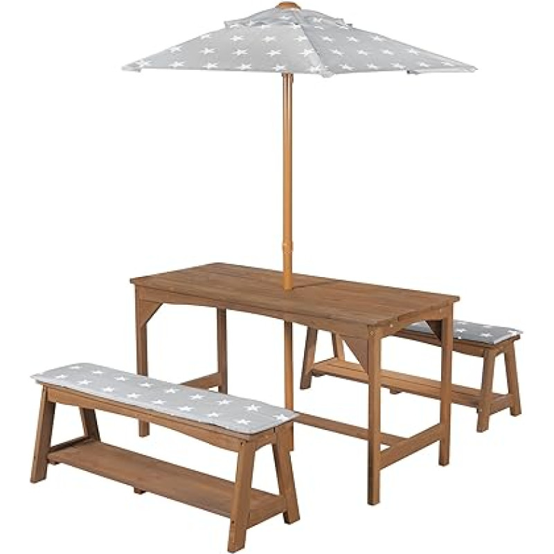 roba Outdoor+ Children's Furniture Set Made of Solid Wood Including 1 Table, 2 Benches, Little Stars Parasol and Seat Covers - Teak