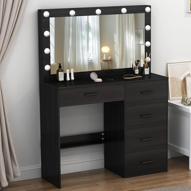 Buildonely Dressing Table with LED Lighting, 3 Colour Temperatures and Adjustable Brightness, Dressing Table with Mirror for Makeup, Black, 36 x 80 x 131 cm