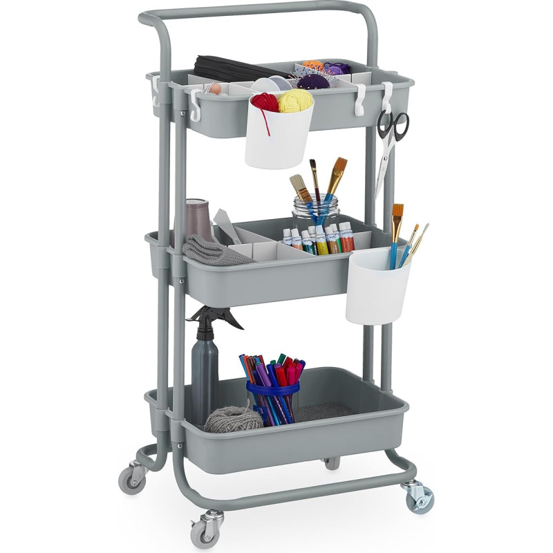 Relaxdays Rolling Trolley, 3 Levels, Serving Trolley, Kitchen Trolley for Bathroom and Office, Rolling Shelf, HBT: 86 x 42.5 x 36 cm, Craft Trolley, Grey