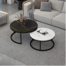 Modern Round Coffee Table Set of 2 with Slate Top and Metal Frame, Stylish Living Room Furniture with Drawers, Bedroom Decor, Design Nesting Tables (Black and White, 70 x 45/50 X)