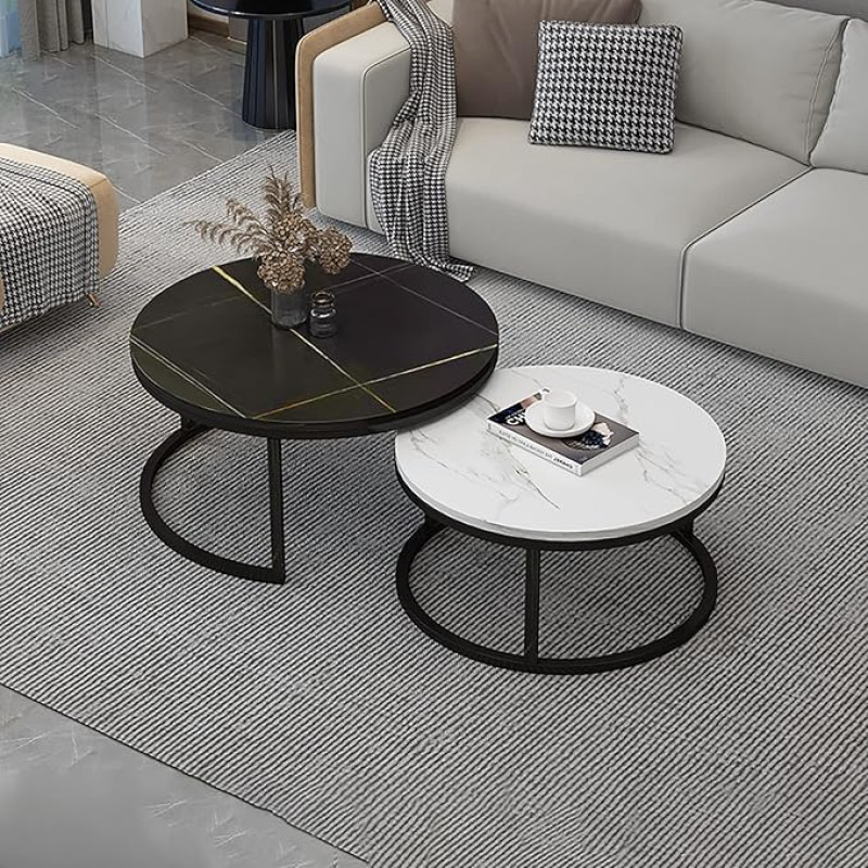 Modern Round Coffee Table Set of 2 with Slate Top and Metal Frame, Stylish Living Room Furniture with Drawers, Bedroom Decor, Design Nesting Tables (Black and White, 70 x 45/50 X)