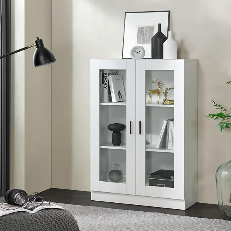 [en.casa] Sorø Display Cabinet Bookcase with 2 Glass Doors and 3 Shelves Tall Cabinet Made of Chipboard Cabinet for Living Room Dining Room Office 80 x 31 x 115 cm White