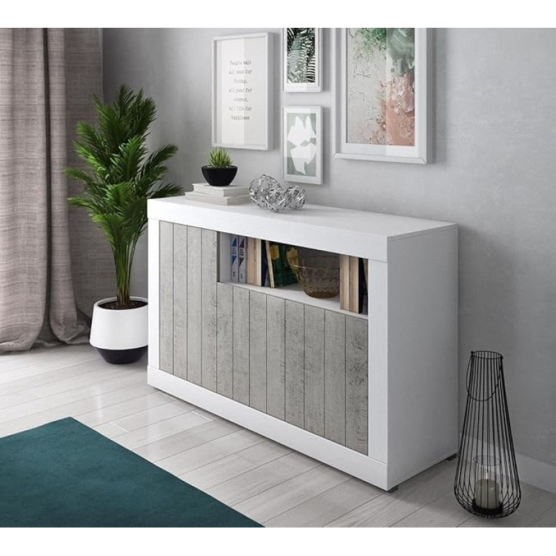 Dmora Modern Sideboard with 3 Doors, Kitchen Buffet, Sideboard with Shelves and Shelves, Living Room TV Stand, 138 x 42 x 86 cm, White and Cement Colour
