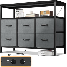 ODK Chest of Drawers with 2 Sockets and 2 USB, 6 Large Fabric Drawers, Multifunctional Drawer Cabinet, Suitable for Bedroom and Living Room, 100 x 30 x 85.2 cm, Black