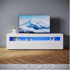 SONNI Lowboard Modern 160 cm, TV Cabinet High Gloss White with 16 Colours LED Lighting, 2 Drawers, 2 Doors for TVs up to 65 Inches, TV Stand for Living Room and Bedroom, 160 x 40 x 45 cm