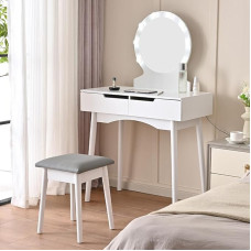 Shally Dogan Laura Dressing Table with Stool with 8 LED Lamps, Mirror with Table and Drawers in White Wood, Comfortable Padded Seat, Mirror for Make-Up, Cold and Warm Light