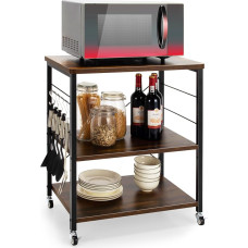 Giantex Kitchen Baker's Rack, 3-Tier Microwave Cart on Wheels, Industrial Multipurpose Bar Cart with 10 Hooks, Metal Frame, Wooden Shelf, Rolling Microwave Stand, Vintage Bown