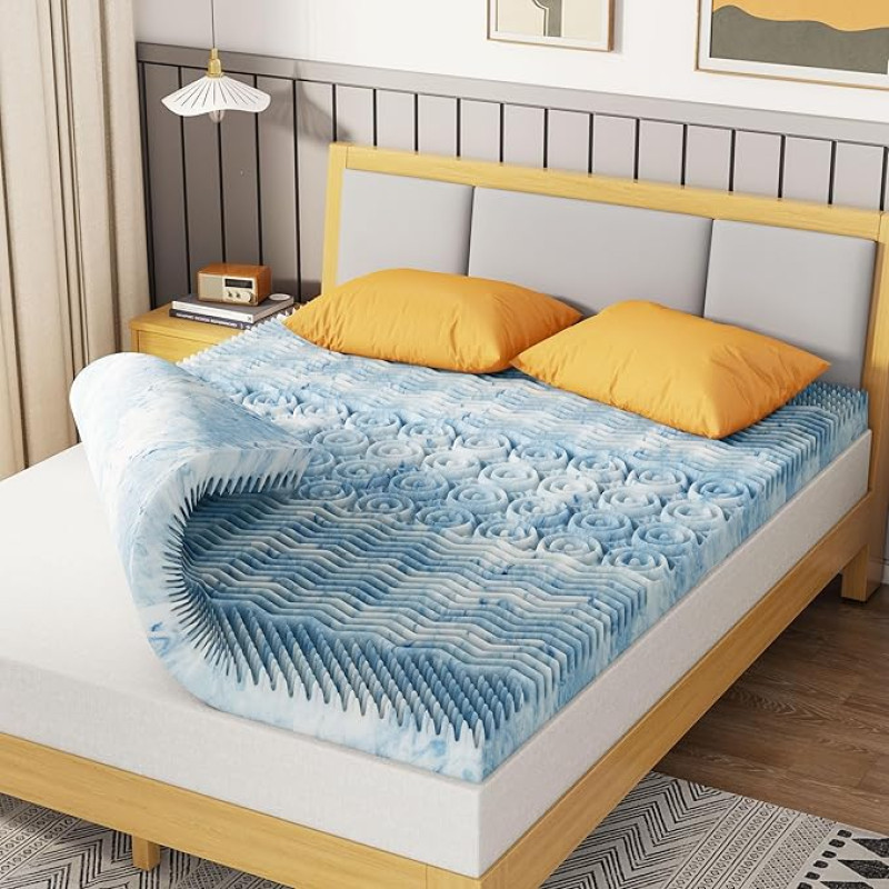 MOLPHIT 5-Zone Double Memory Foam Mattress Topper, Cooling Gel Mattress Topper with Air Flow Channels, Double Size Topper for Body Pressure Relief, Single Size Mattress (200 x 90 x 7.5 cm)